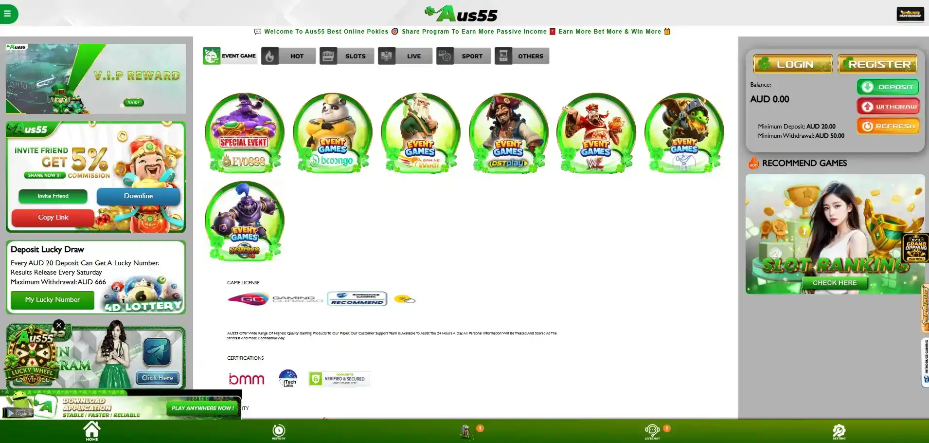 Aus55 promotions area showing a welcome offer and access to its terms