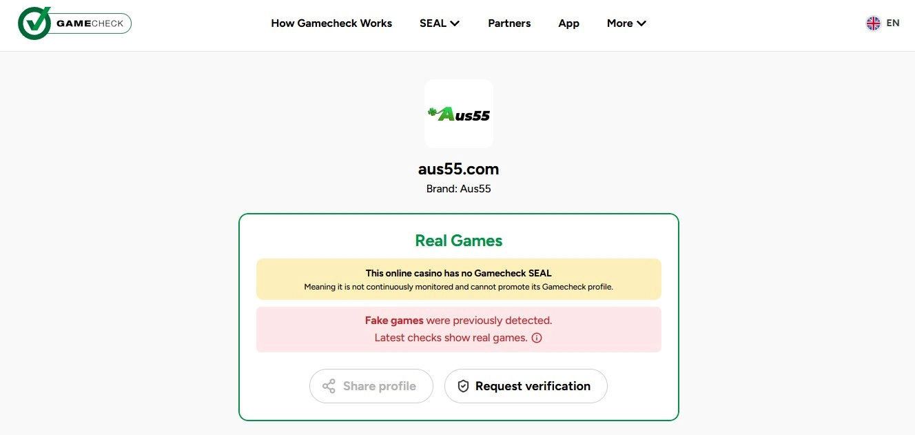 Gamecheck Aus55 profile showing game authenticity history and current status