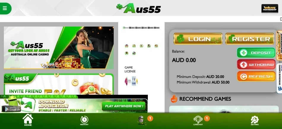 Aus55 website displayed in a mobile browser with responsive navigation