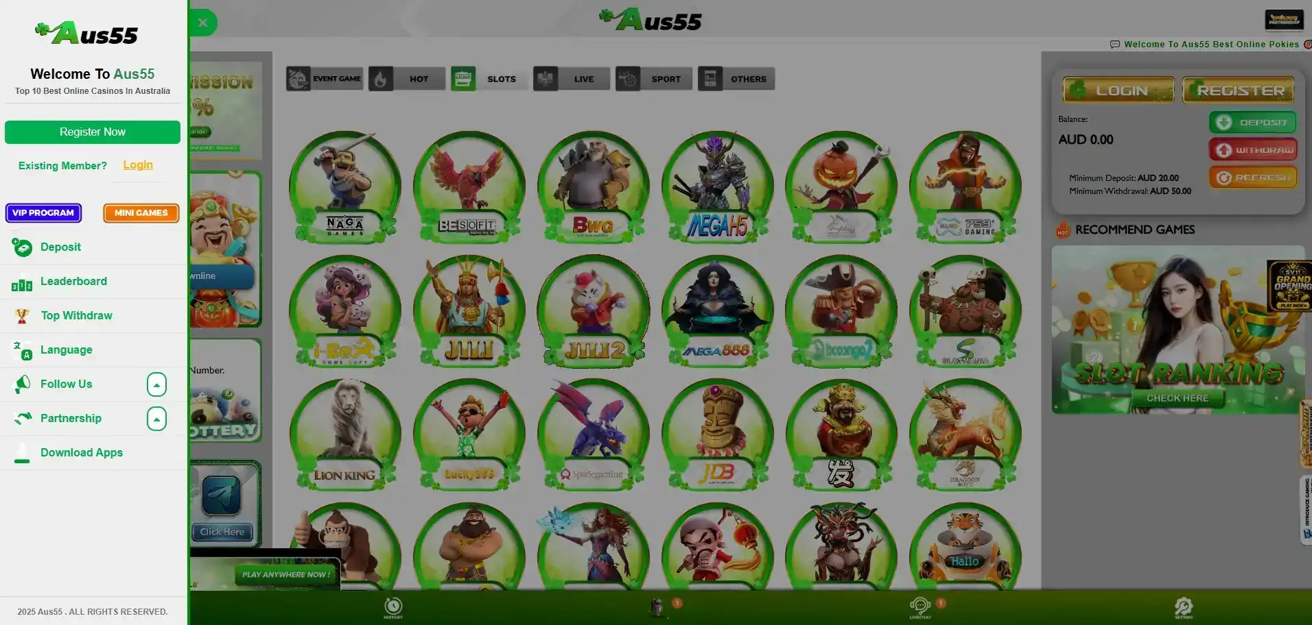 Aus55 homepage and navigation on the official website